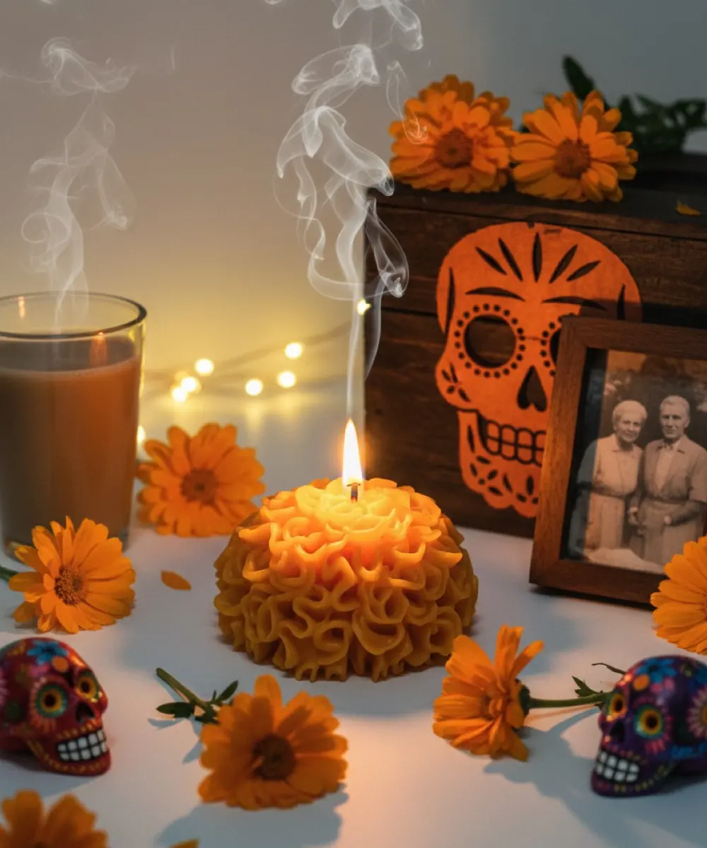 Vela de flor de cempasúchil encendida en una ofrenda con flores, calaveritas y una foto familiar