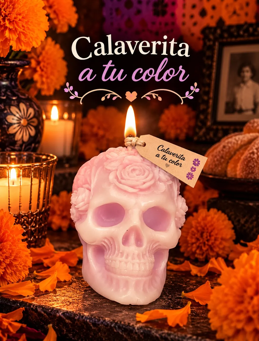Vela calavera rosa pastel con rosas en relieve, encendida en una ofrenda