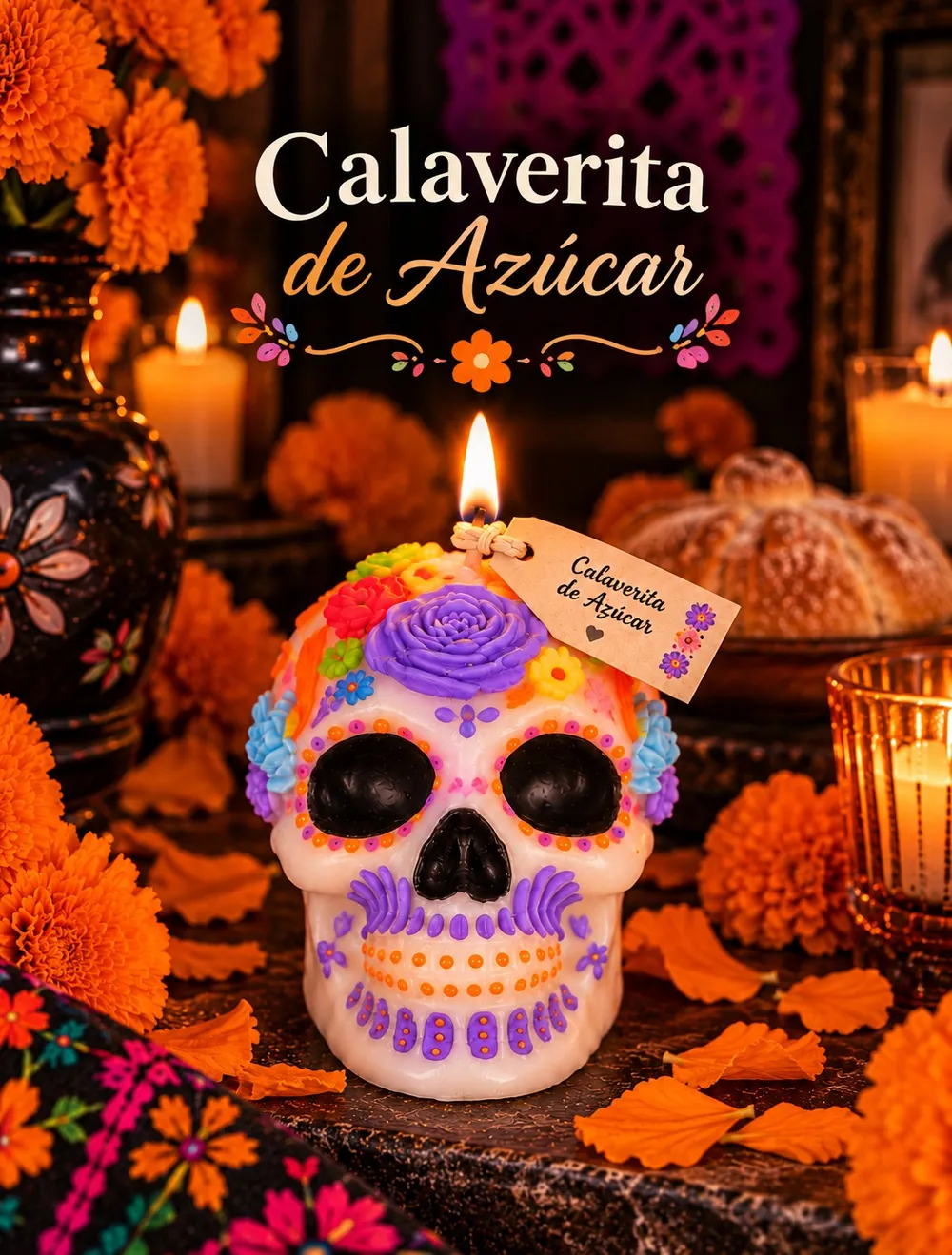 Vela calavera de azúcar blanca con flores de colores y detalles morados, encendida en una ofrenda