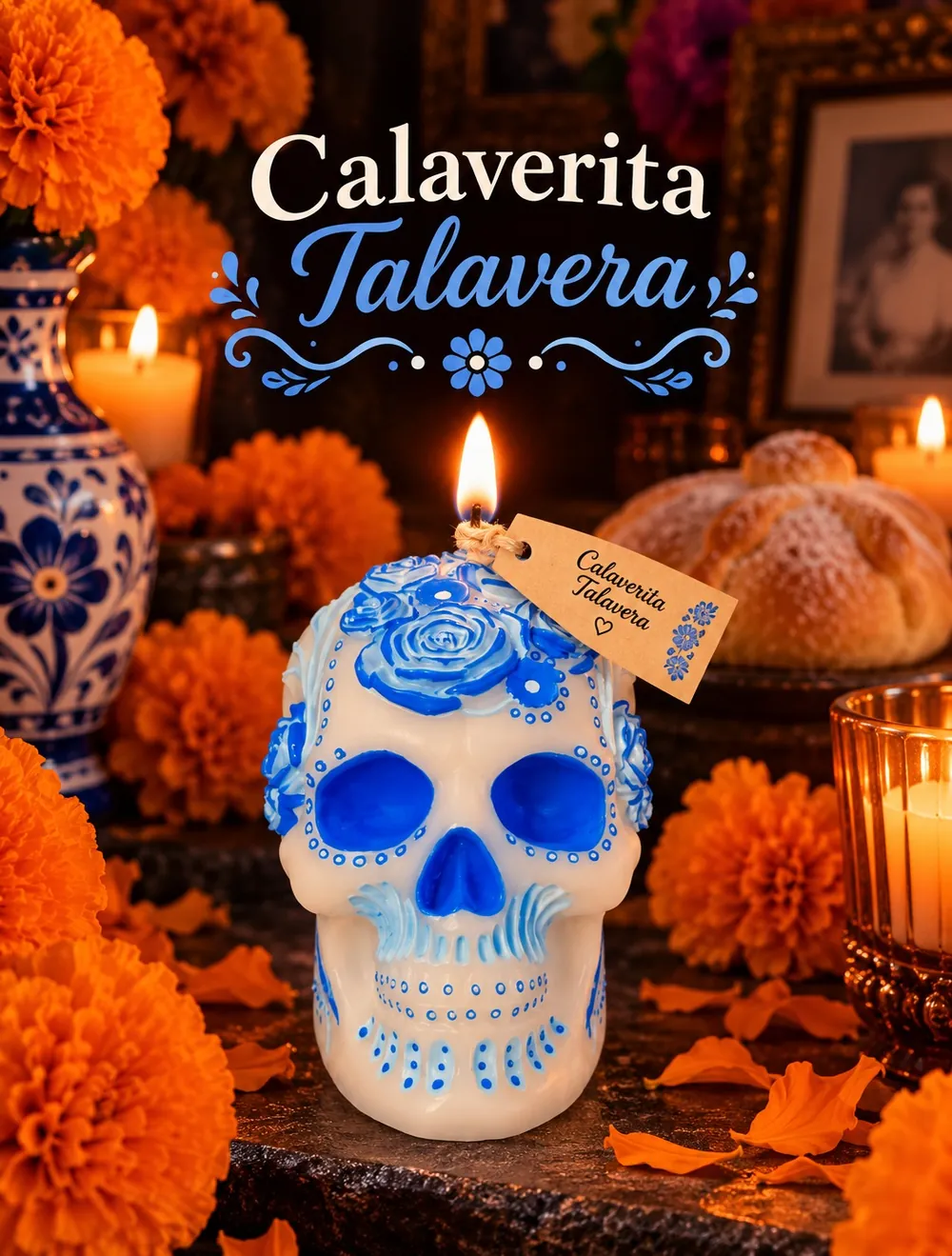 Vela calavera blanca pintada en azul estilo talavera, encendida en una ofrenda