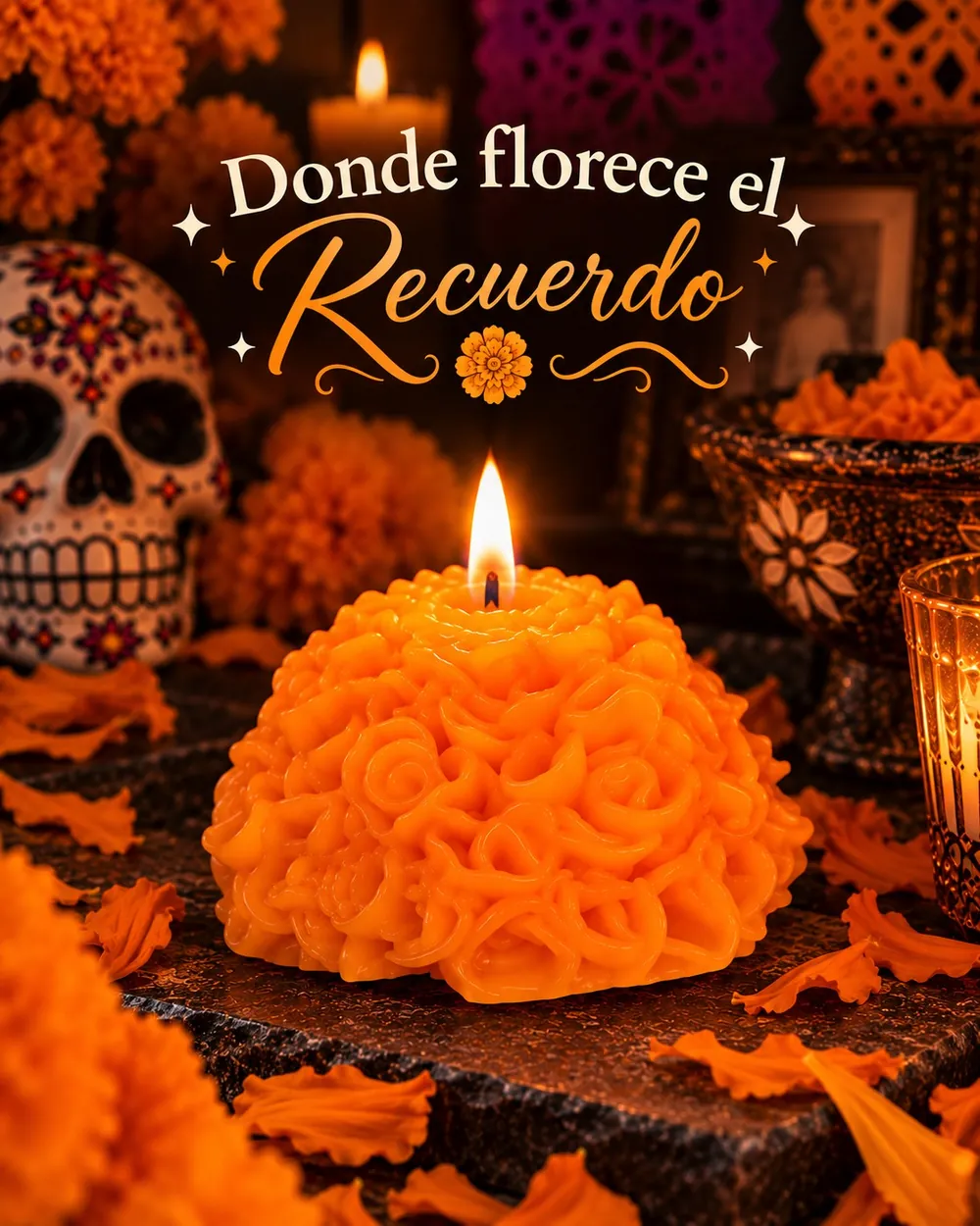 Vela de flor de cempasúchil encendida en un altar de Día de Muertos