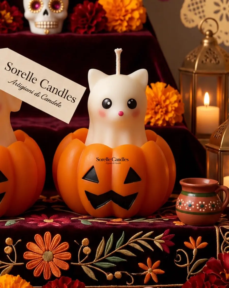 Vela de gatito blanco dentro de una calabaza naranja