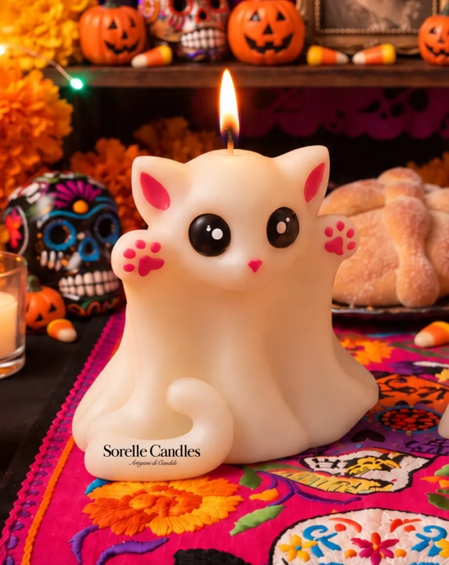 Vela de gatito fantasma con patitas rosas