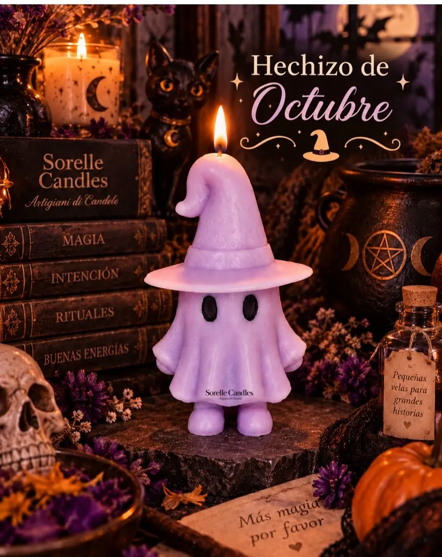 Vela lila de fantasma con sombrero de bruja