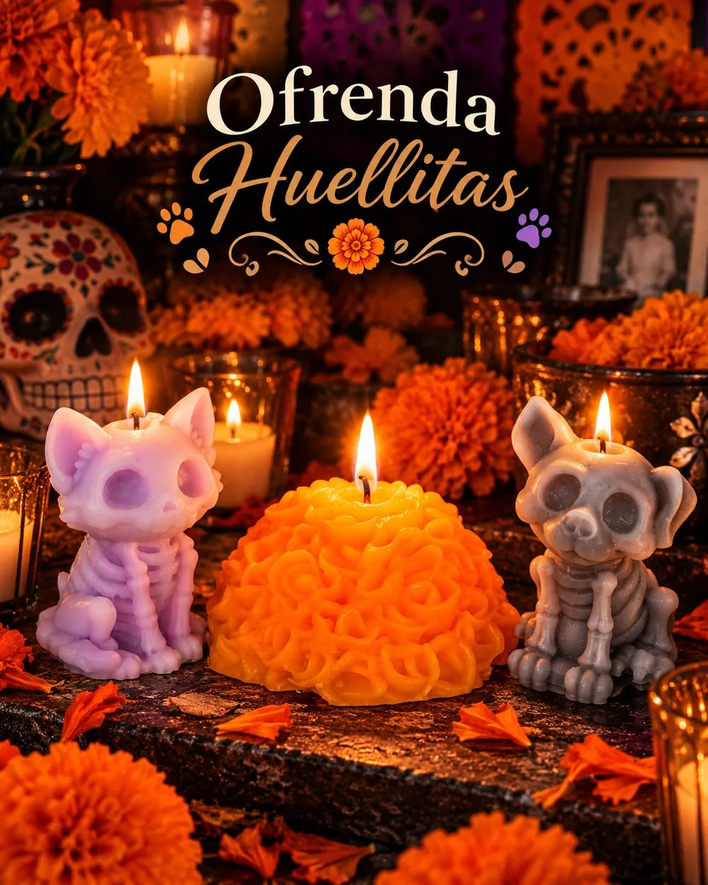 Vela de gatito calavera lila, vela de cempasúchil y vela de perrito calavera gris encendidas en una ofrenda