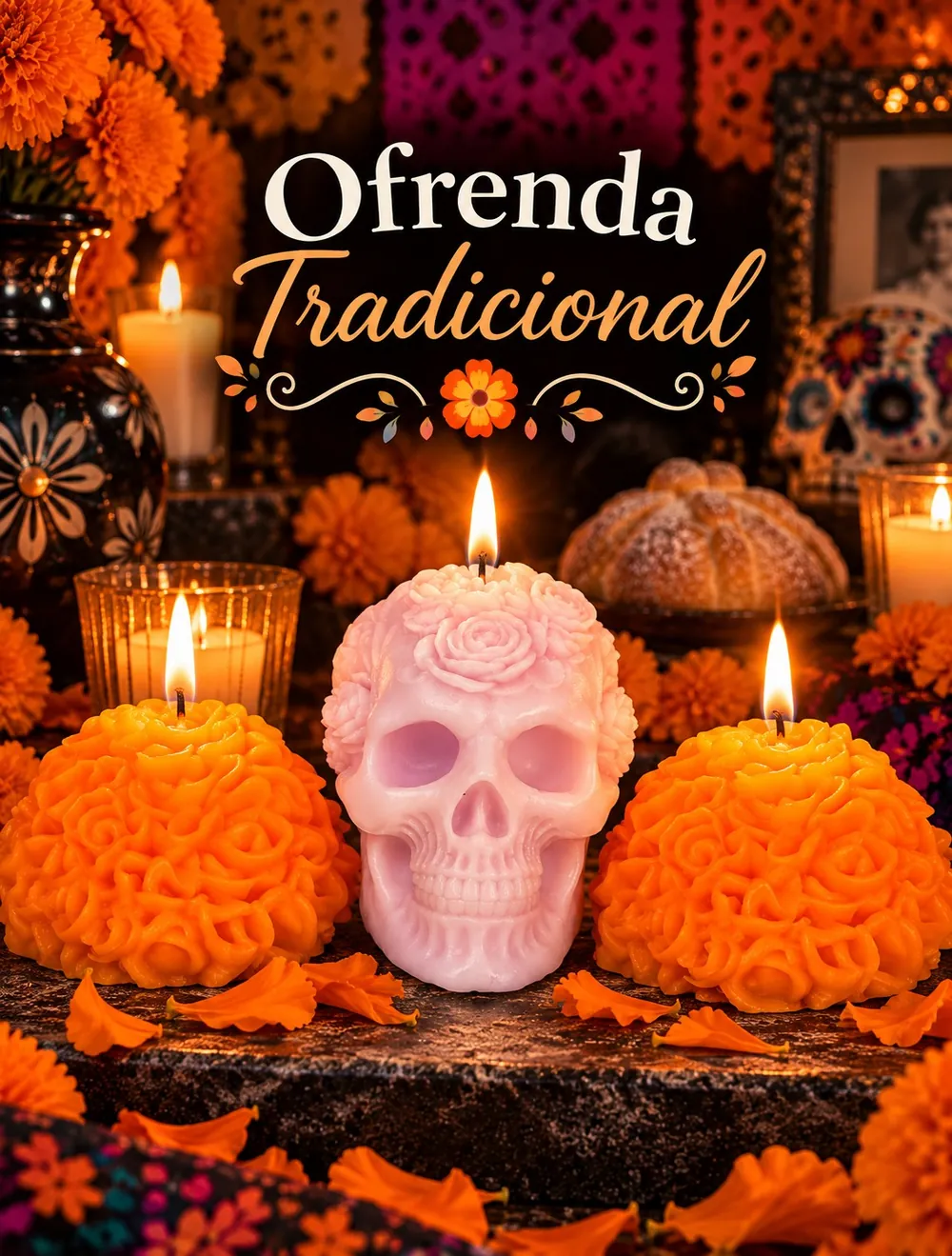 Dos velas de cempasúchil y una calaverita rosa encendidas en una ofrenda