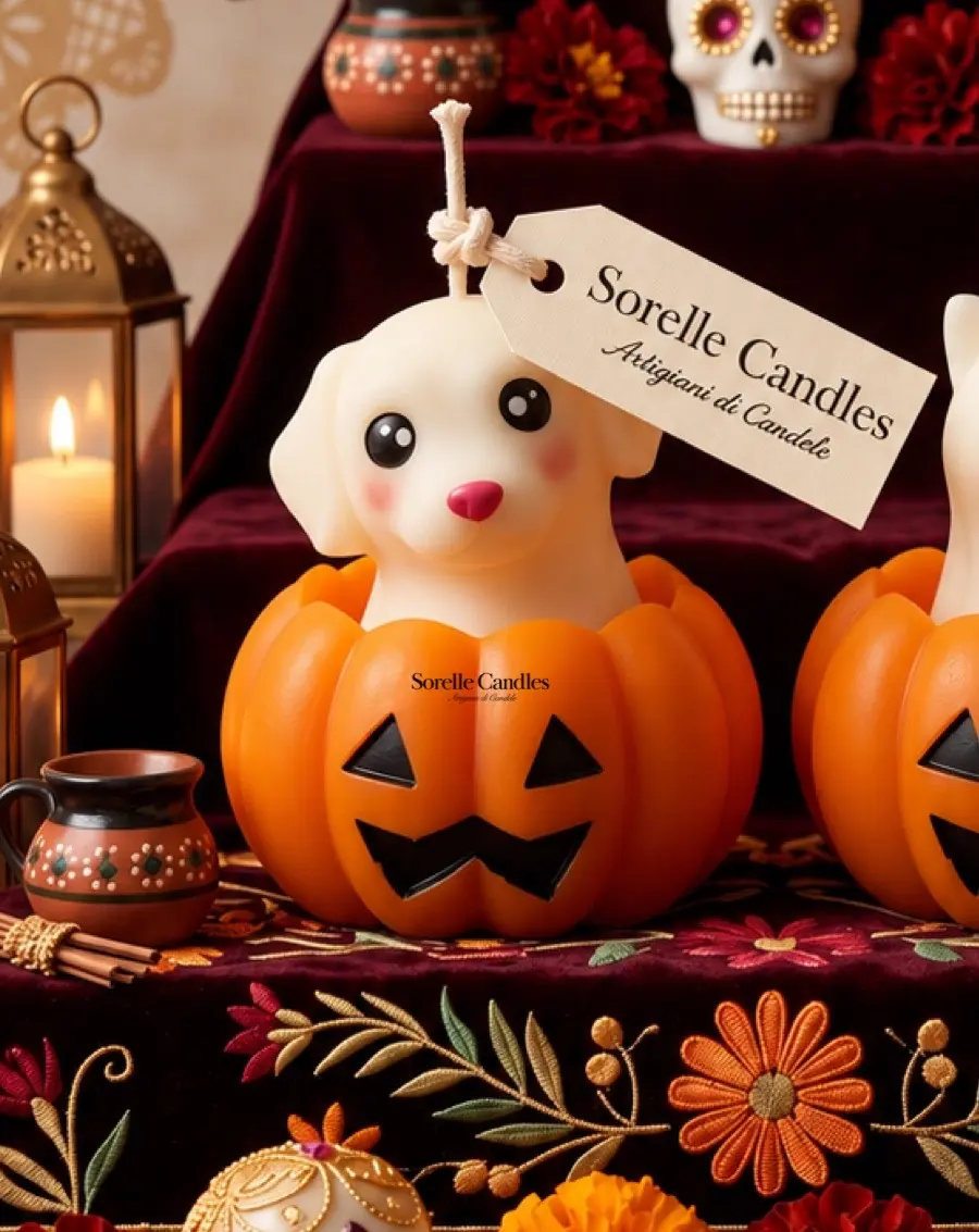 Vela de perrito blanco dentro de una calabaza naranja